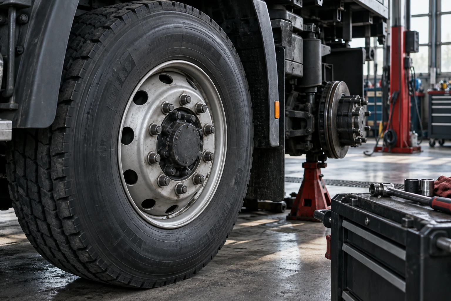 Koło ciężarówki i elementy mechaniczne w warsztacie